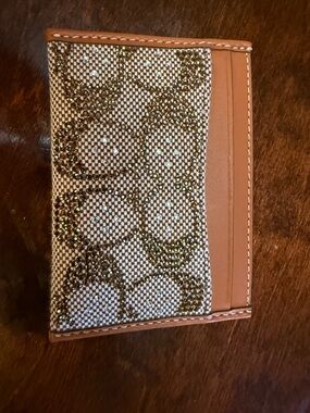 Coach Tan and Beige Signature Crystal-Embellished Card Holder Wallet